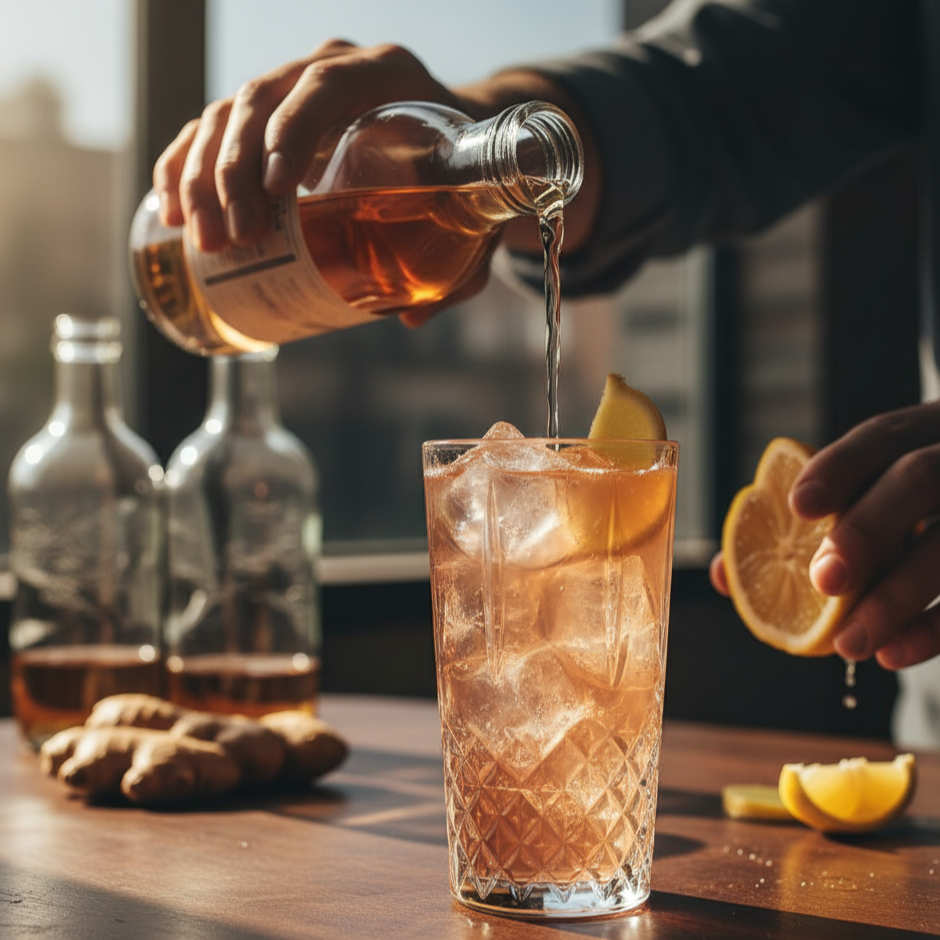 Ein pinker, spritziger Drink mit POLLY Pink Aperitif, Ginger Ale Zero, Eis, Himbeeren und Ingwerscheibe in einem Glas.