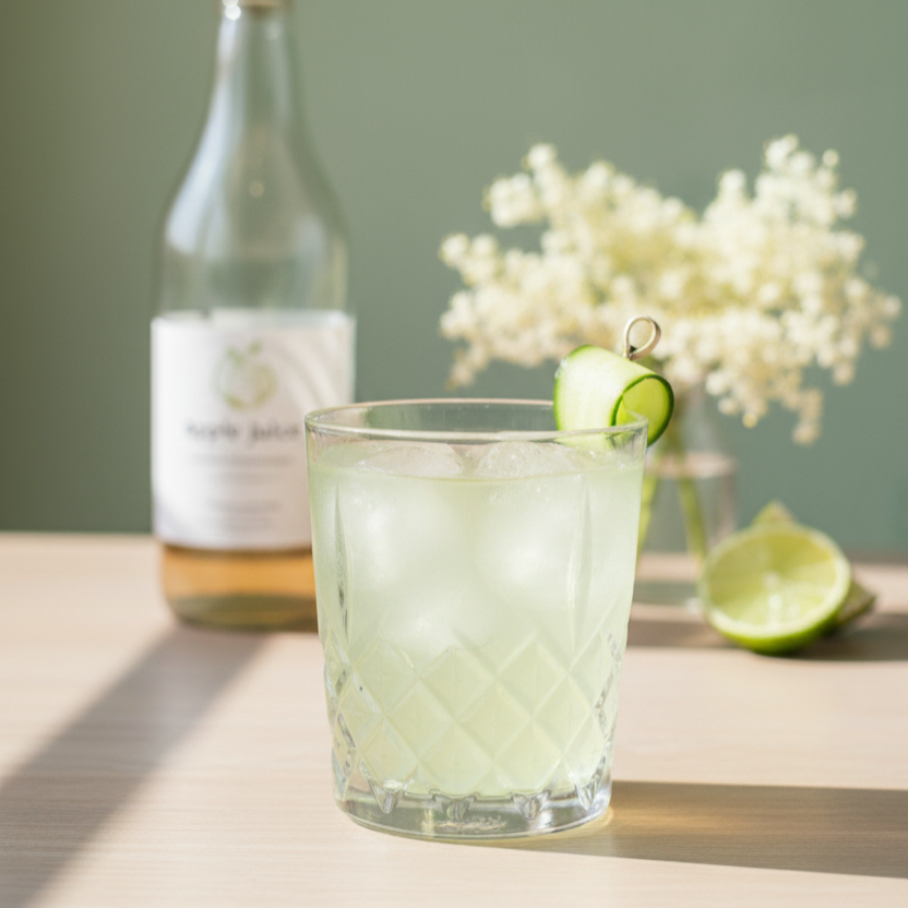 Ein erfrischender POLLY Gurque Drink in einem Tumbler, garniert mit Gurkenscheibe.