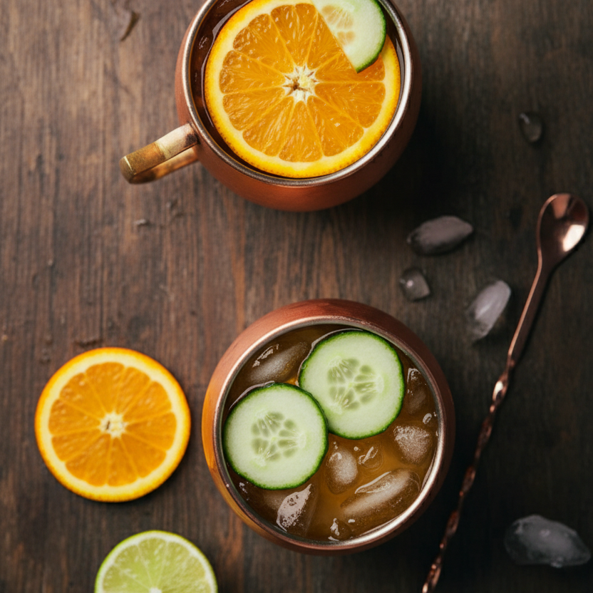 Ein POLLY London Mule in einem klassischen Mule-Becher, garniert mit Gurken- und Orangenscheibe.