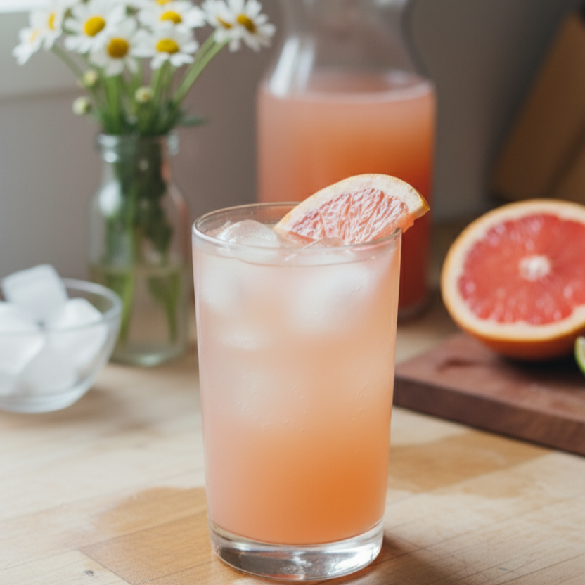 Eine erfrischende POLLY Yuzu Lemonade in einem Highballglas, garniert mit Zitronen- und Grapefruitscheibe.