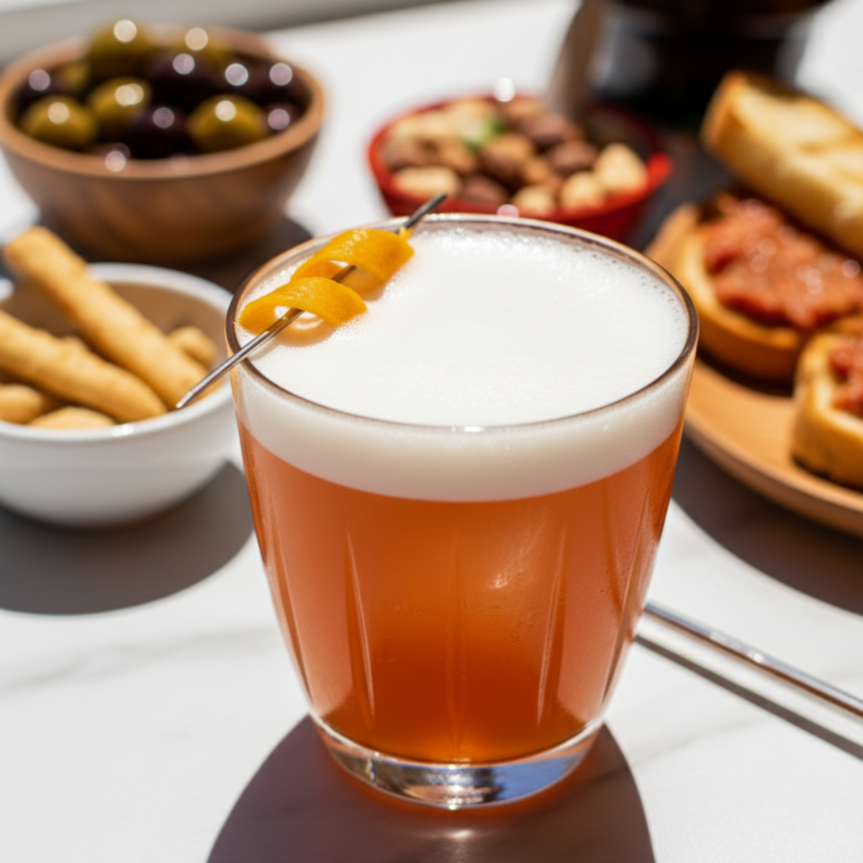 Ein cremiger POLLY Italian Sour in einem Tumbler, garniert mit einer Orangenzeste.