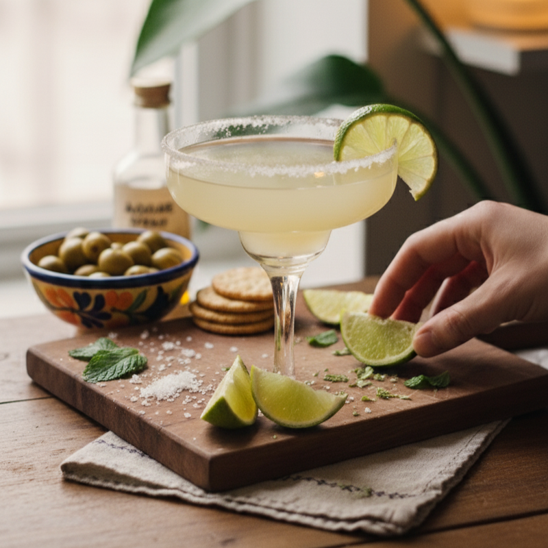 Ein erfrischender POLLY Margarita in einer Cocktailschale, garniert mit einer Limettenscheibe.