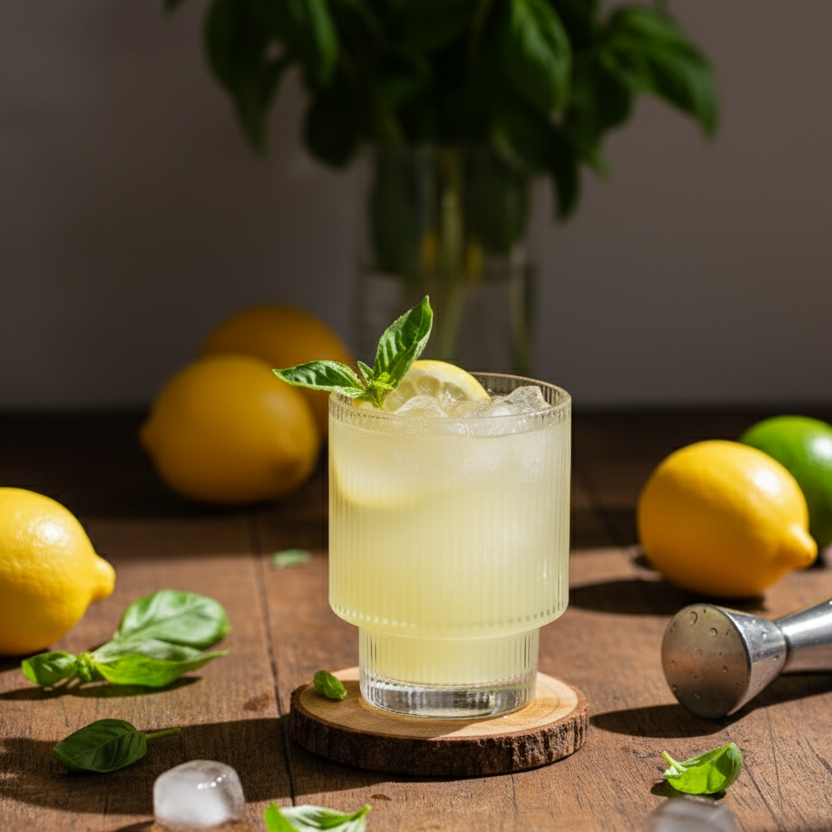 Ein erfrischender, alkoholfreier Cocktail mit POLLY Citrus Aperitif, Basilikum und Zitrone in einem Tumbler.