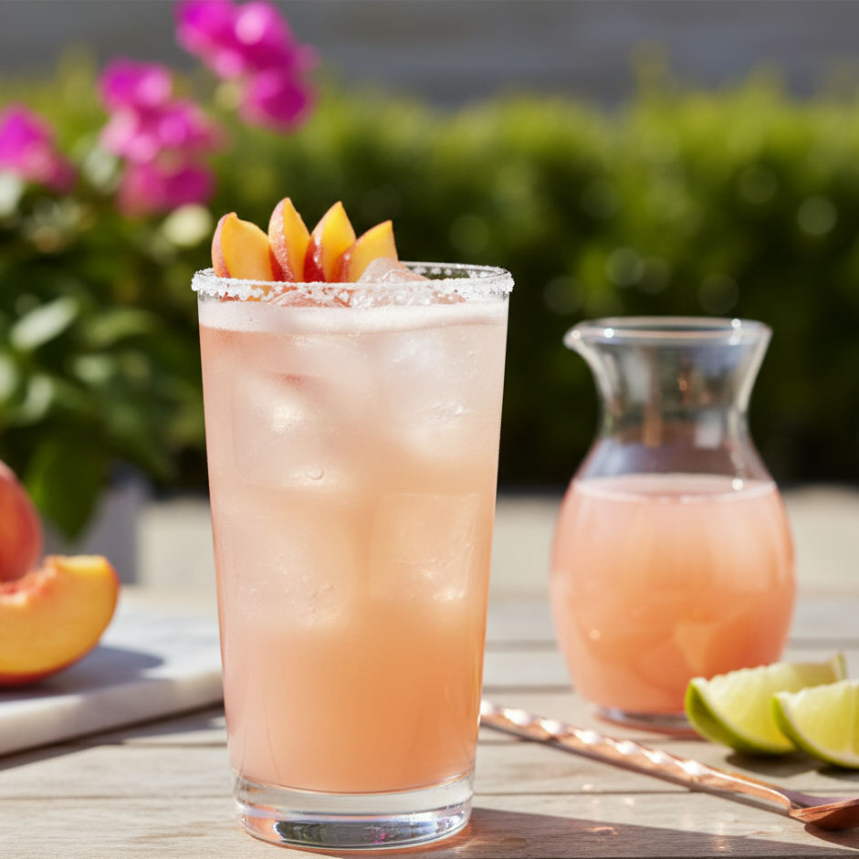 Ein POLLY Another Paloma in einem Highballglas, garniert mit einer Pfirsich- oder Grapefruitspalte.