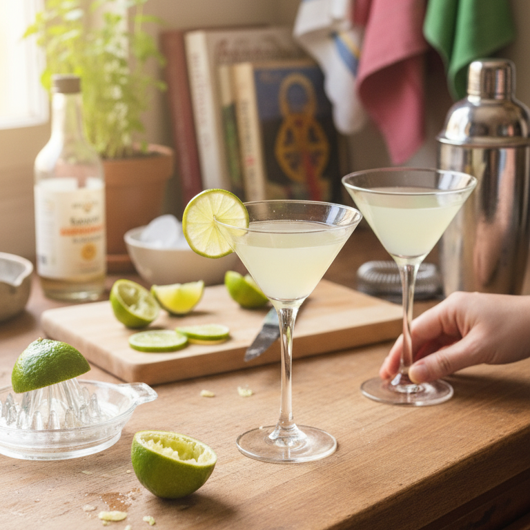 Ein erfrischender POLLY Daiquiri in einer Cocktailschale, garniert mit einer Zitronenzeste.