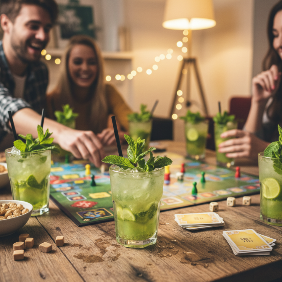 Ein erfrischender POLLY Mojito in einem Highballglas, gefüllt mit Eis, Limette und Minze.