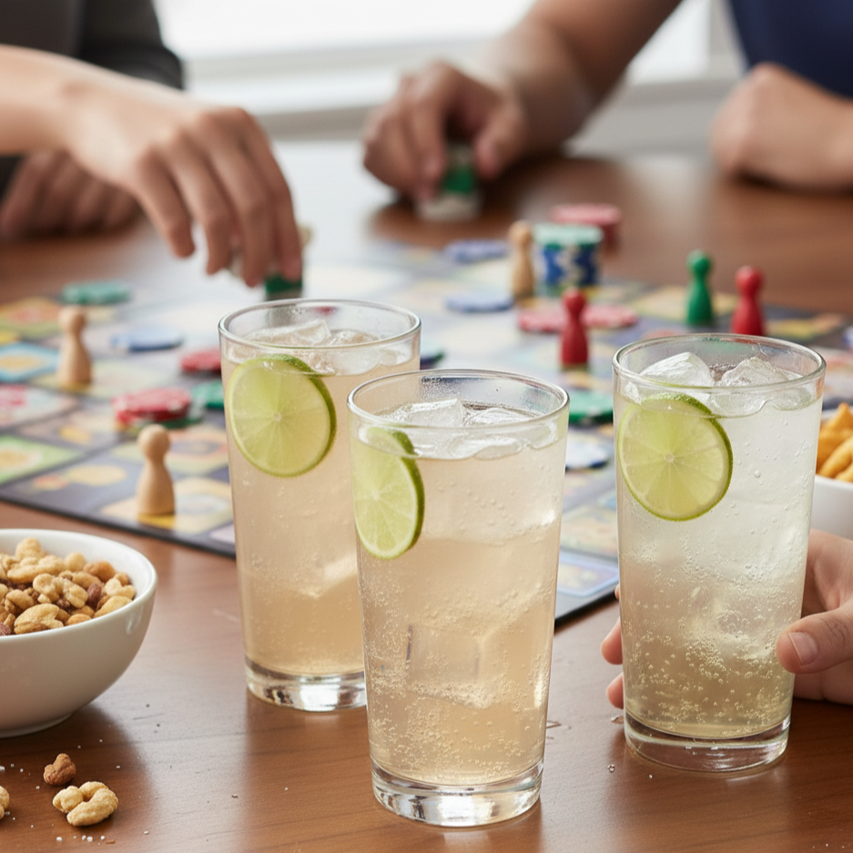 Ein erfrischender, alkoholfreier Longdrink mit POLLY French Aperitif, Ginger Ale und Limettenscheibe in einem Highballglas auf einer Holzoberfläche.