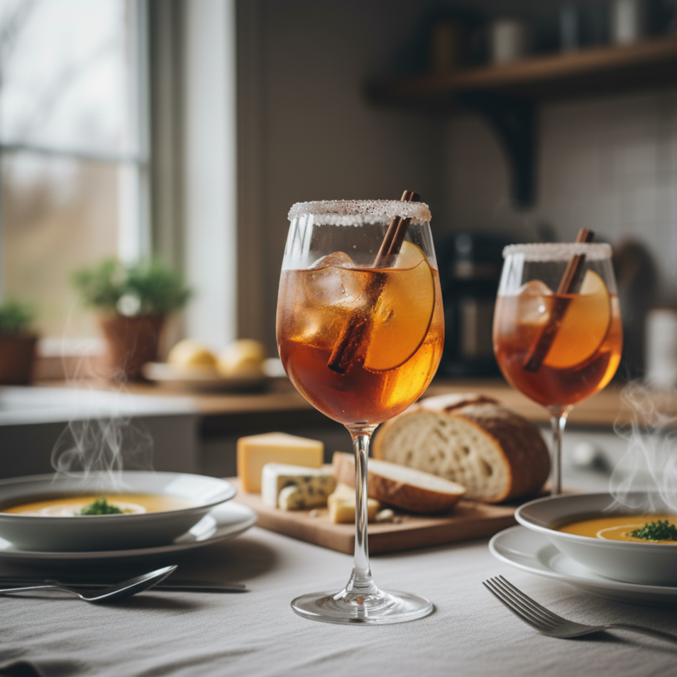 Ein festlicher POLLY Winter Spritz in einem Glas mit Eis, Zimtstange und Birnenscheibe.