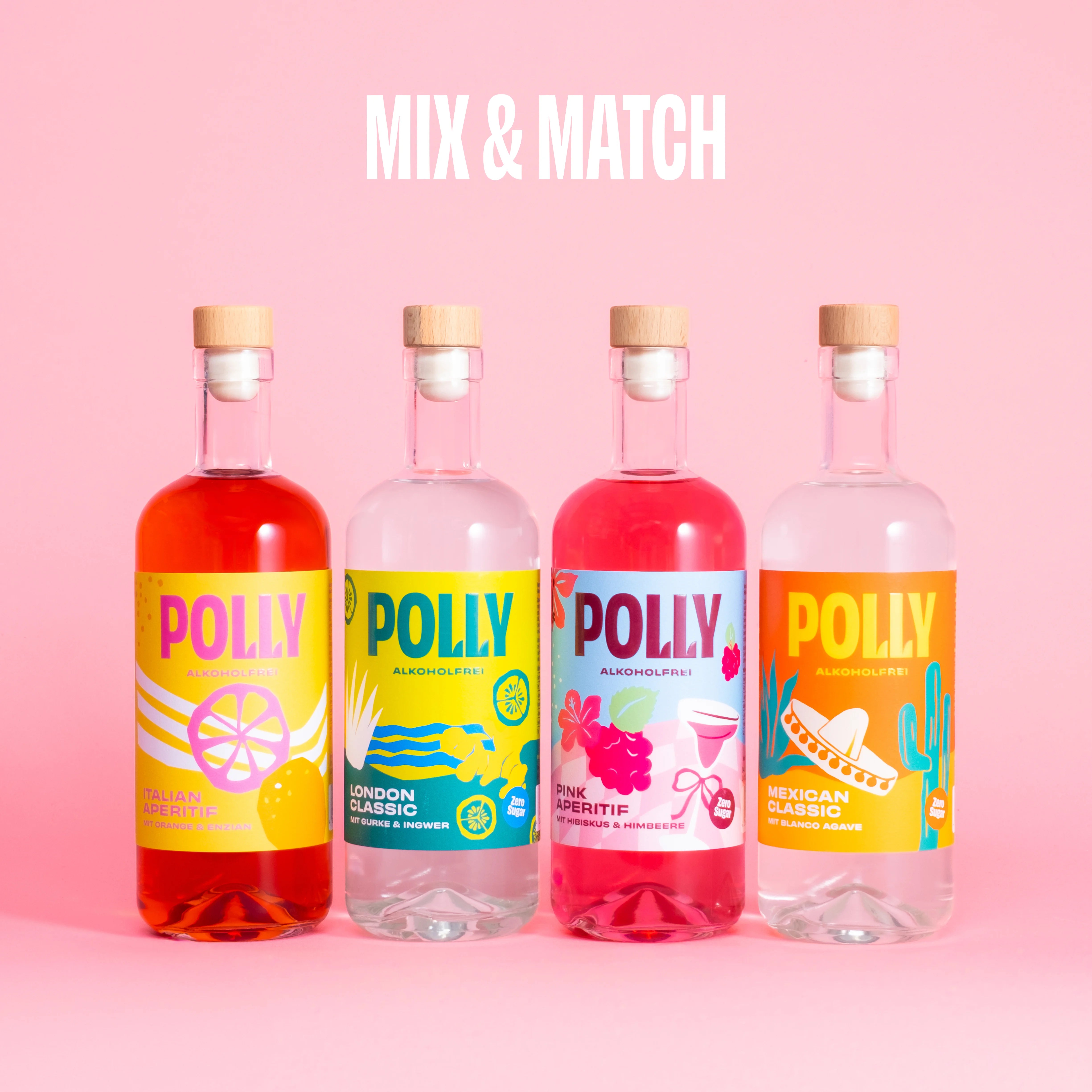 Mix & Match: Vier POLLY Flaschen jede mit einer anderen Geschmacksrichtung: Italian Aperitif, London Classic, Pink Aperitif und Mexican Classic.