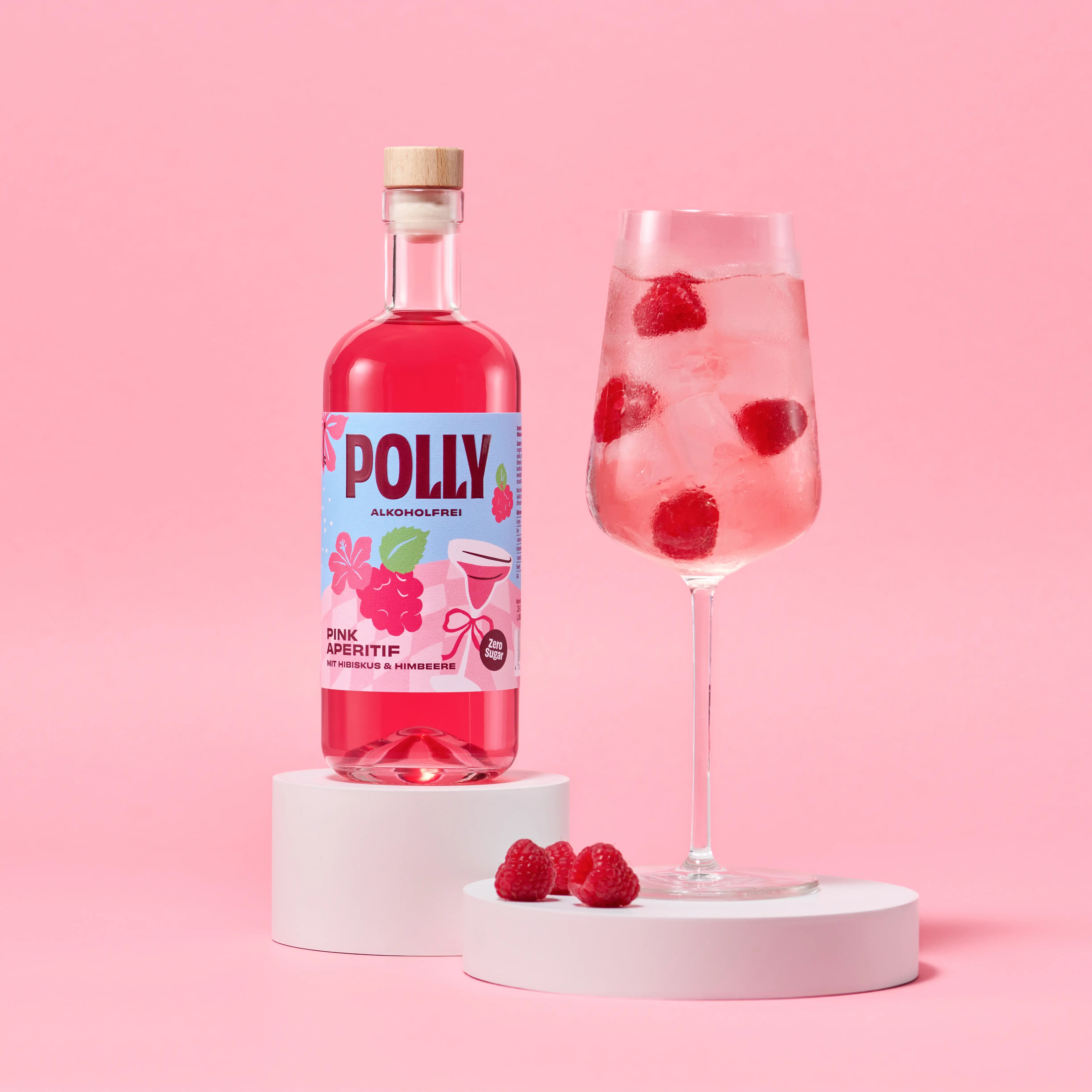 POLLY Pink Aperitif Flasche und Glas mit alkoholfreiem Pink Spritz Getränk