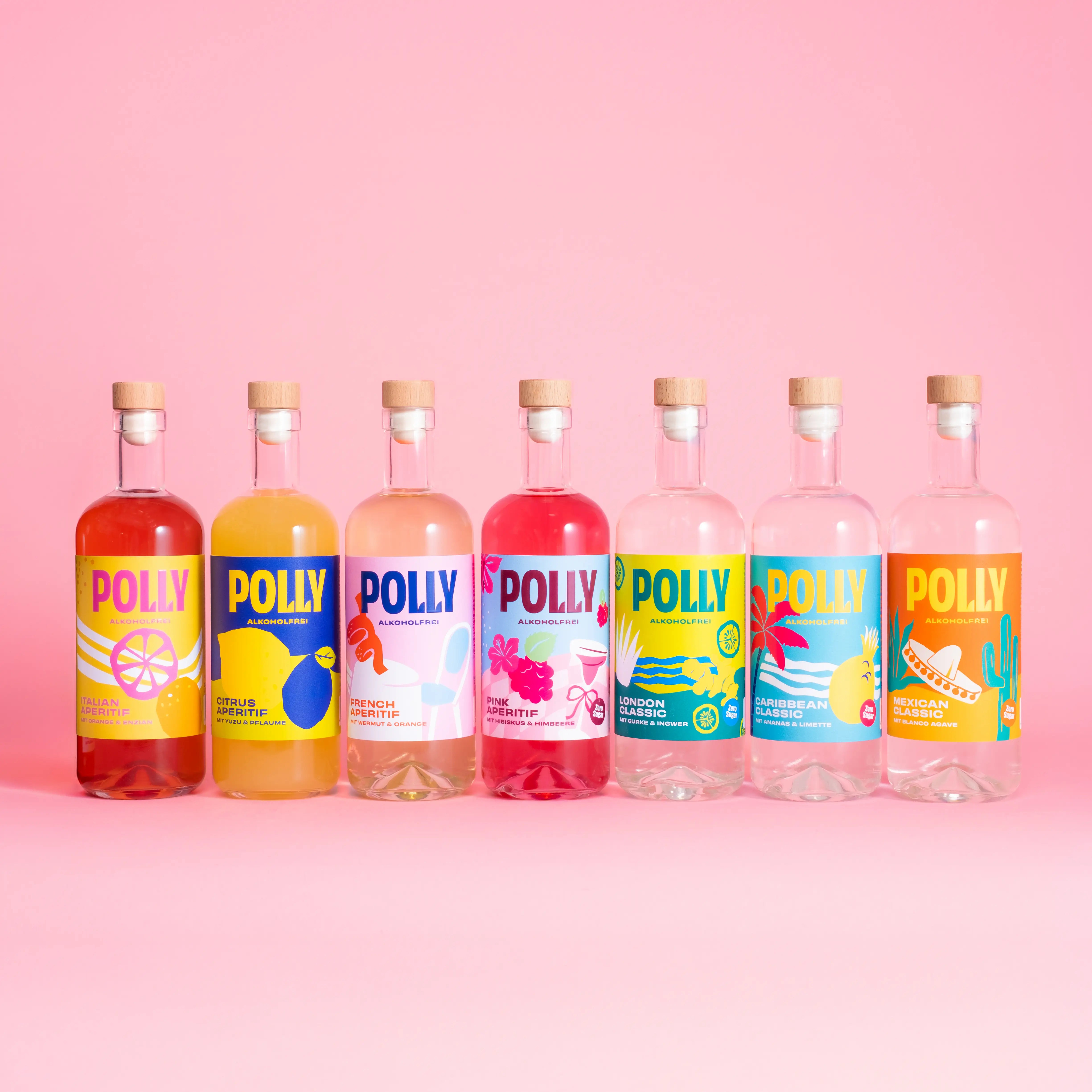 Großes POLLY Probierpaket mit allen 7 unterschiedlichen Flaschen POLLY Classics und Aperitifs.